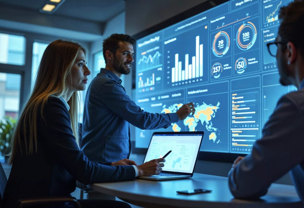 Profesionales analizando gráficos de datos en una gran pantalla en una oficina