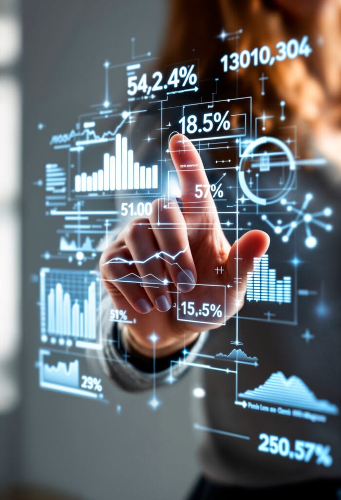 Dedo tocando gráficos de datos holográficos con porcentajes
